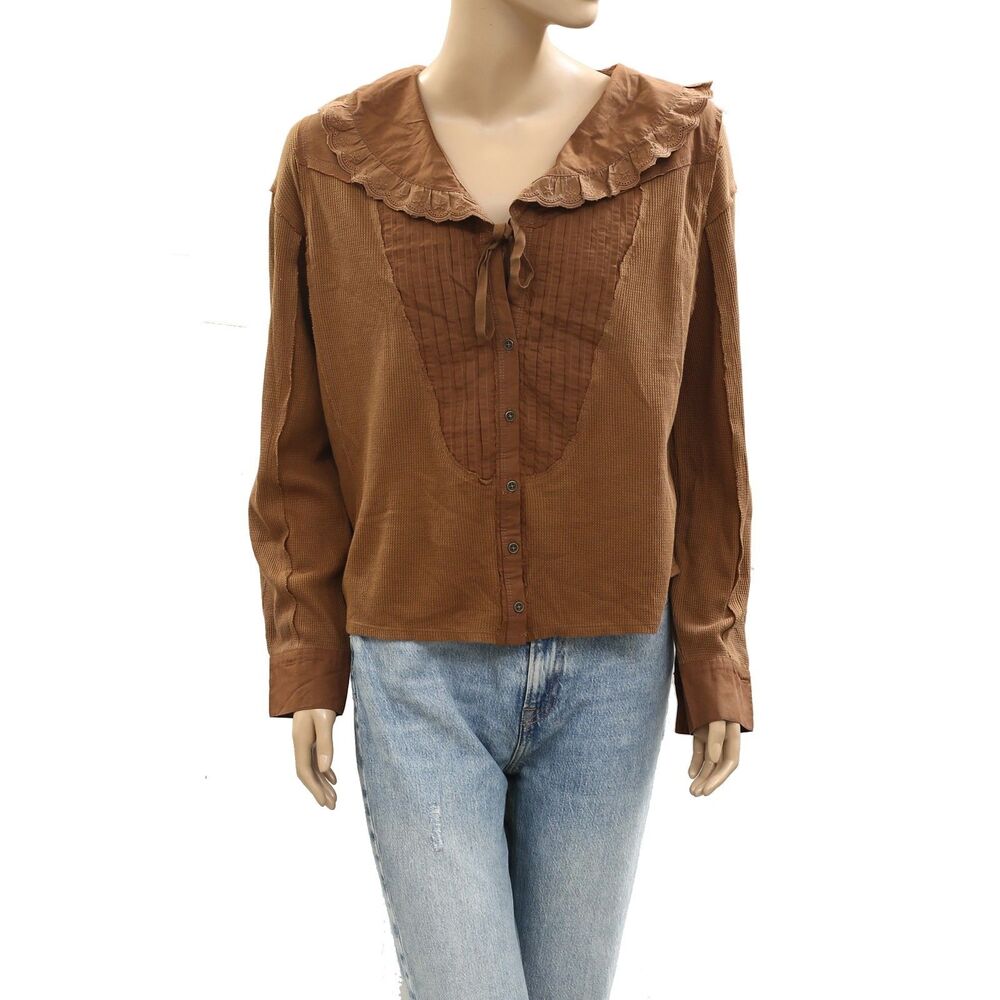 Anthropologie Buttondown Thermal Blouse Top Brown Ruffle Waffle Lace L 284156